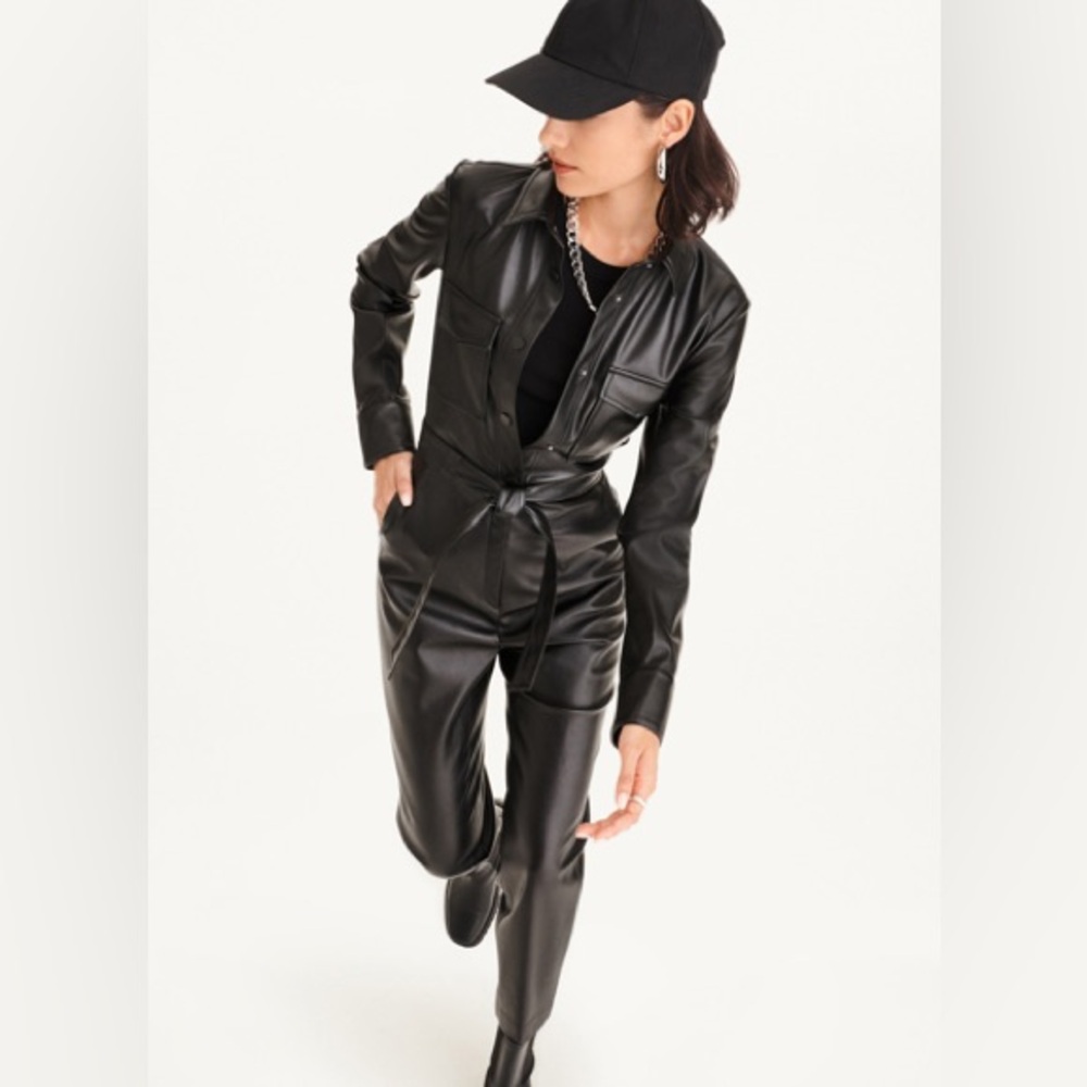 DKNY BLACK FAUX LEATHER Belted JUMPSUIT small